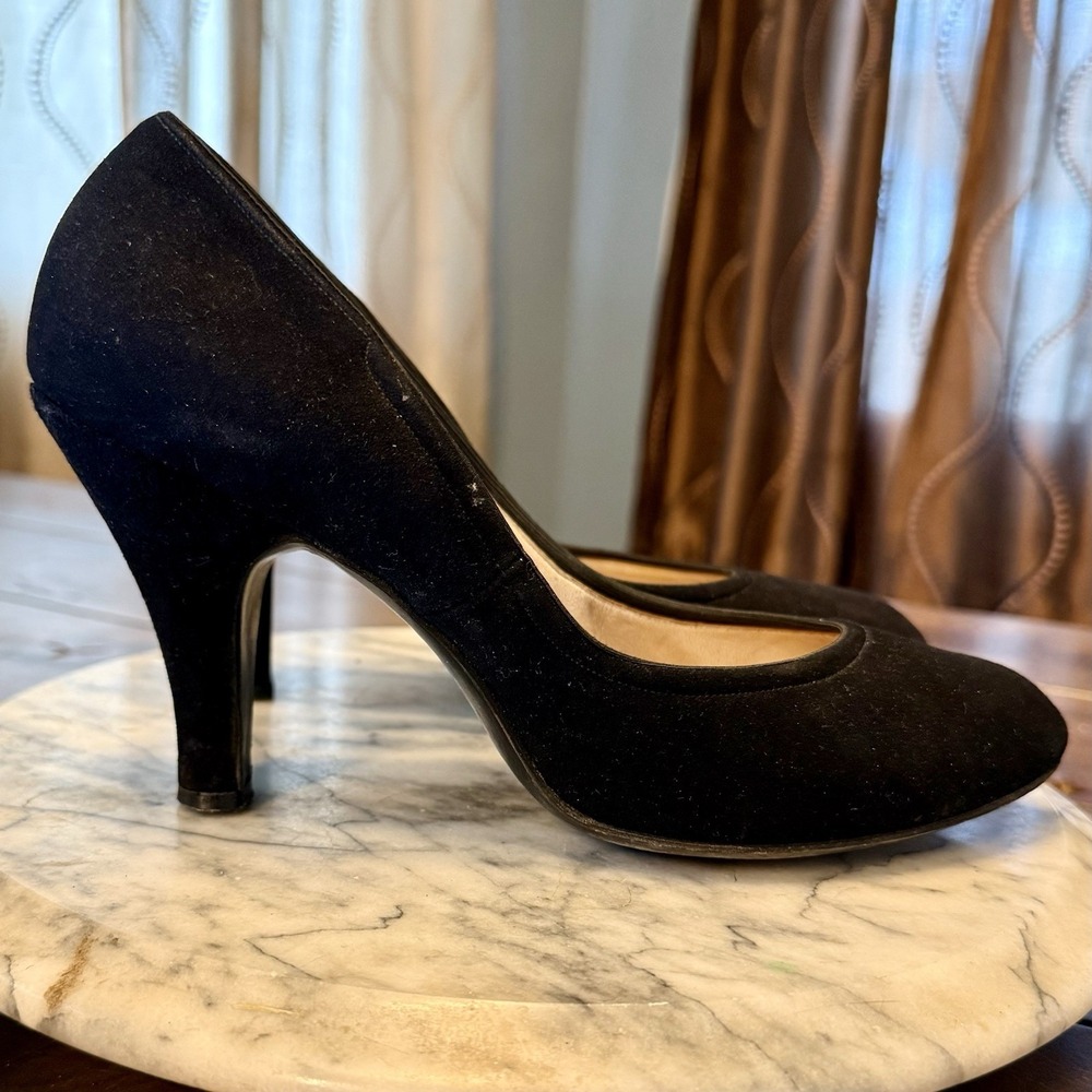 VTG 1950s MCM Classic Black Suede Leather Pumps 3.5" Heels Women Sz 8 EU 39